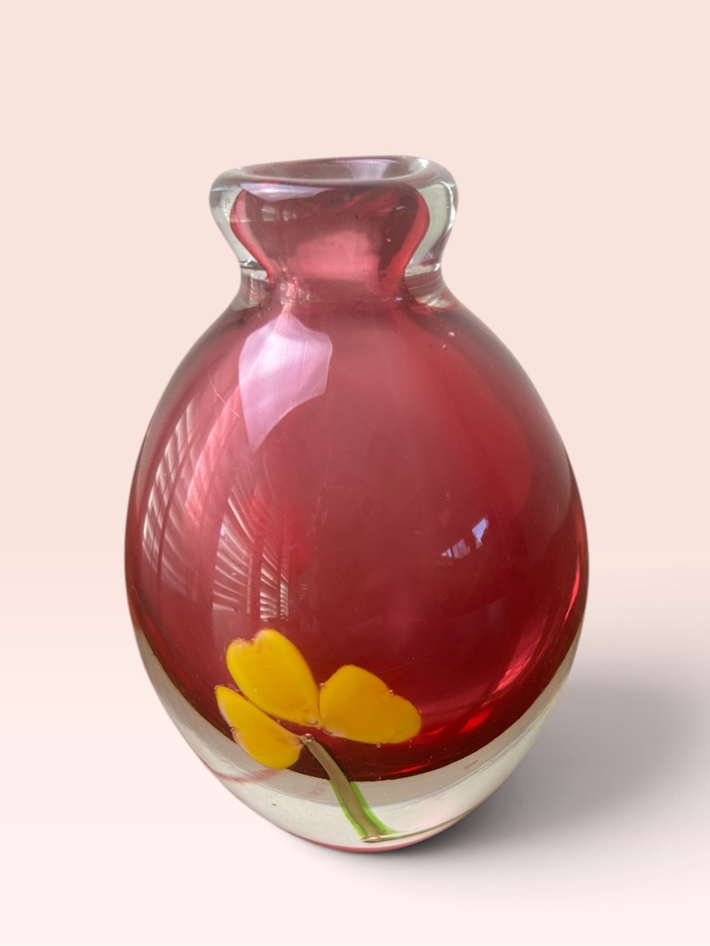 Vintage Pink Art Glass Bud Vase Encased Floral Paperweight Style
